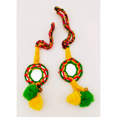 Yellow and Green Pompoms Tassels, Dangles with Mirror And Pom Poms, Keyring